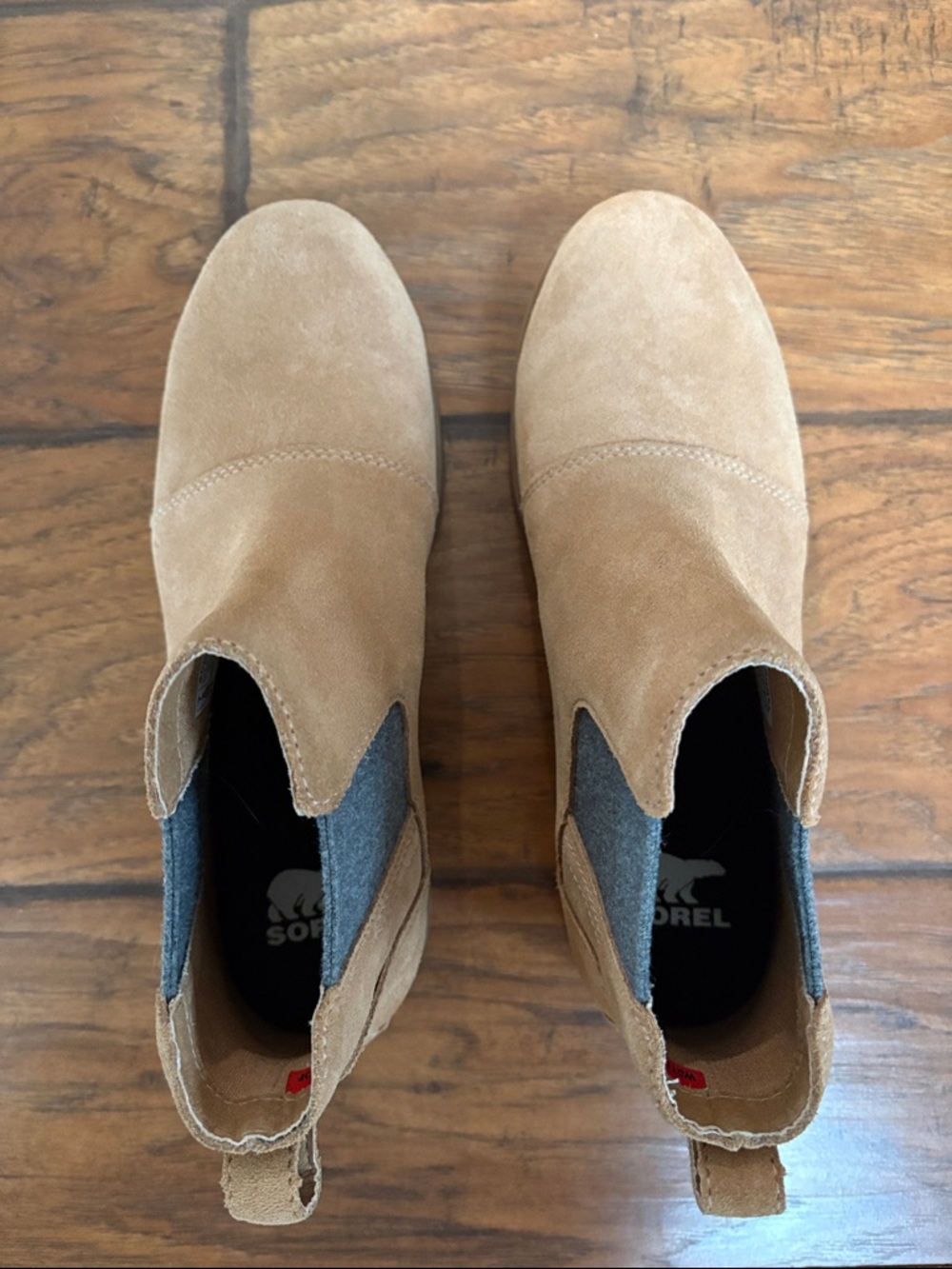 Sorel Emilie III waterproof Tan Suede Chelsea Ankle Boots with Gray Panels - Picture 5 of 7
